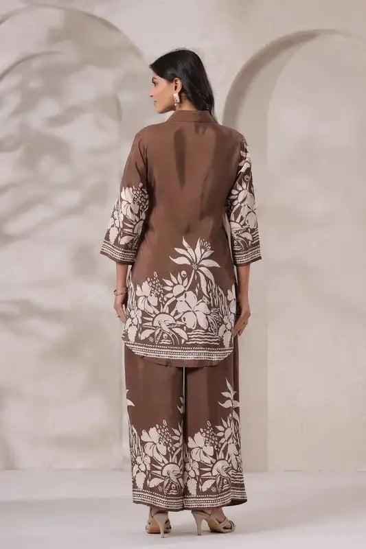 Mocha Printed Russian Silk Co-ord Set