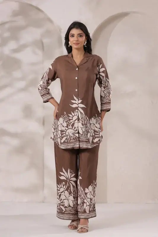 Mocha Printed Russian Silk Co-ord Set