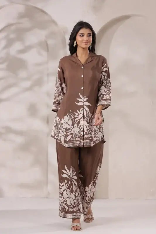 Coffee Brown Botanical Printed Russian Silk Co-Ord Set