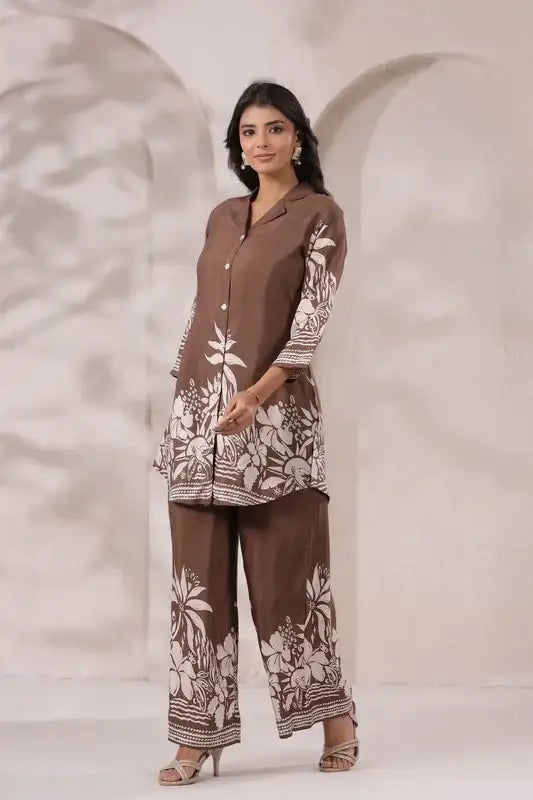 Mocha Printed Russian Silk Co-ord Set