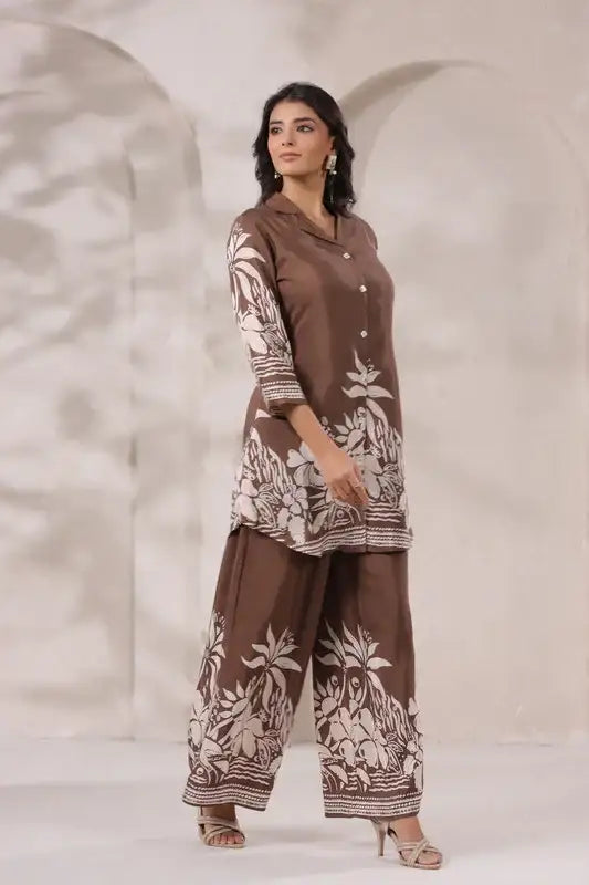 Mocha Printed Russian Silk Co-ord Set