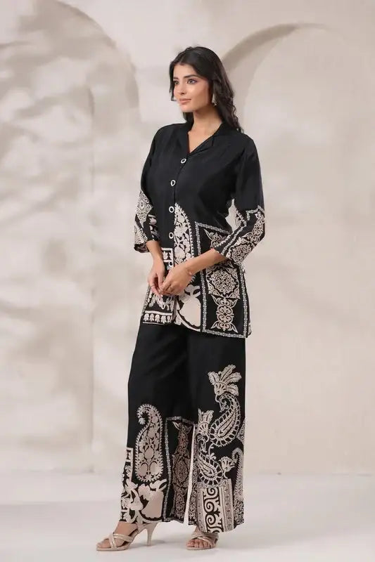 Black & Beige Ornate Printed Russian Silk Co-Ord Set