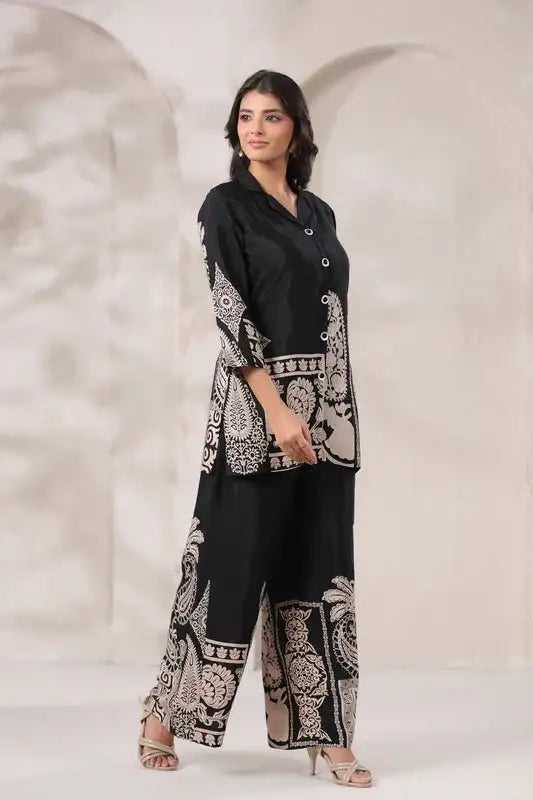 Black Paisley Printed Russian Silk Co-ord Set