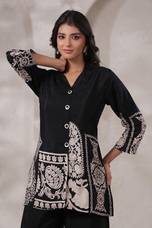 Black & Beige Ornate Printed Russian Silk Co-Ord Set
