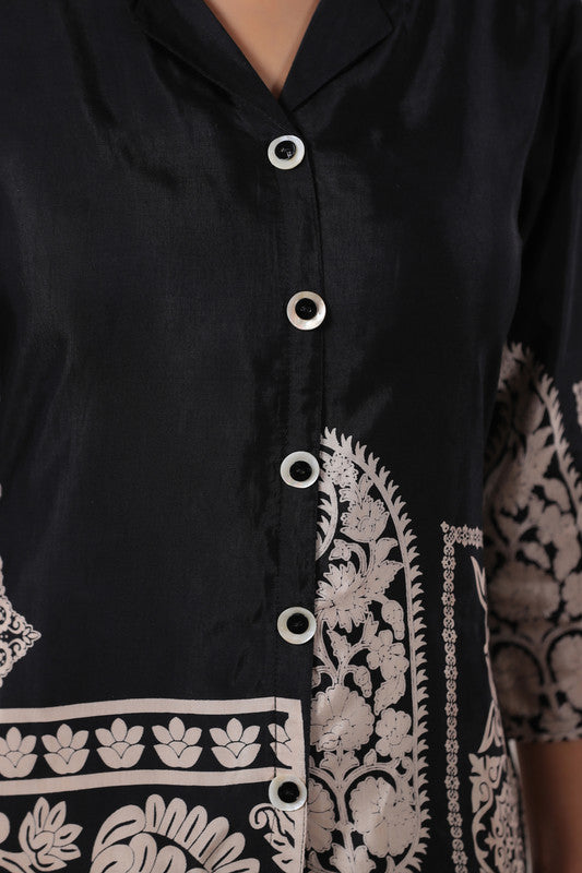 Black & Beige Ornate Printed Russian Silk Co-Ord Set