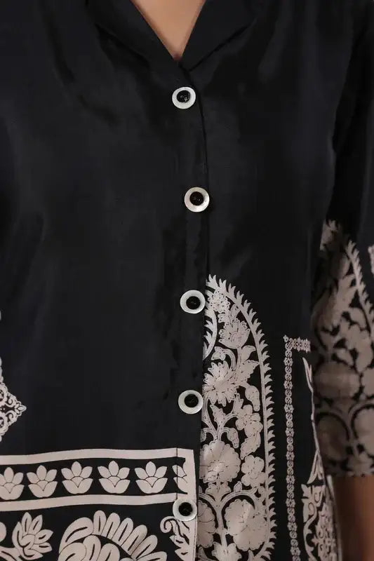 Black & Beige Ornate Printed Russian Silk Co-Ord Set