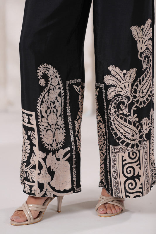 Black & Beige Ornate Printed Russian Silk Co-Ord Set