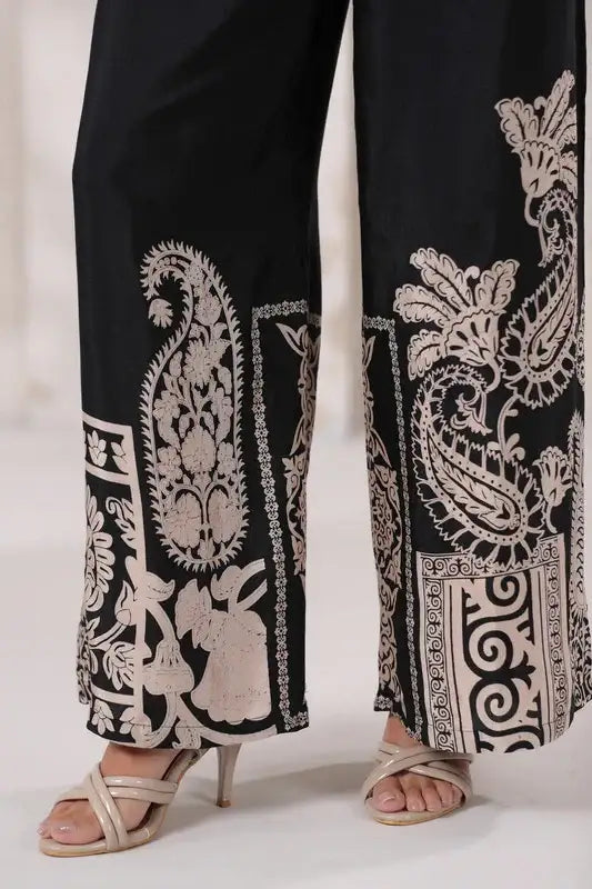 Black & Beige Ornate Printed Russian Silk Co-Ord Set