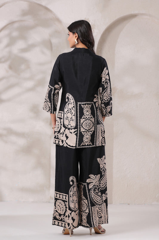 Black & Beige Ornate Printed Russian Silk Co-Ord Set