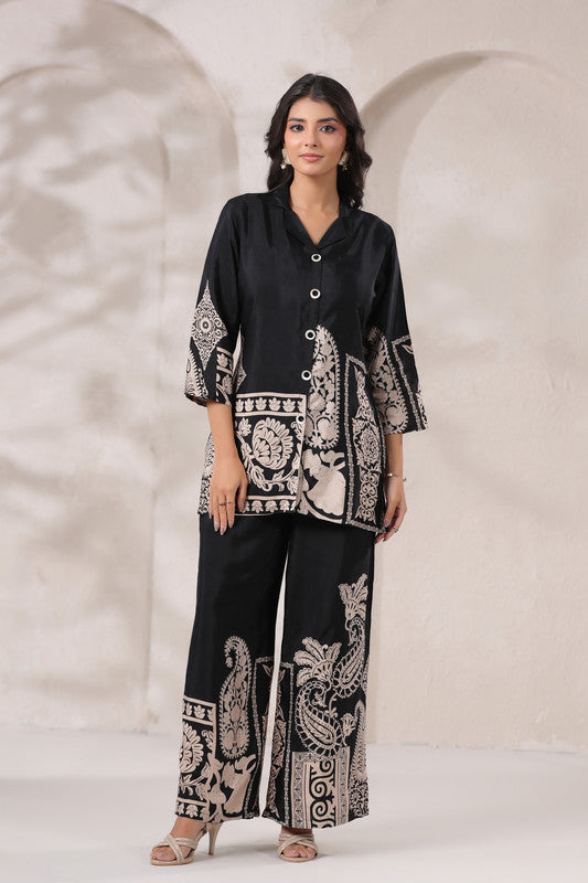 Black & Beige Ornate Printed Russian Silk Co-Ord Set