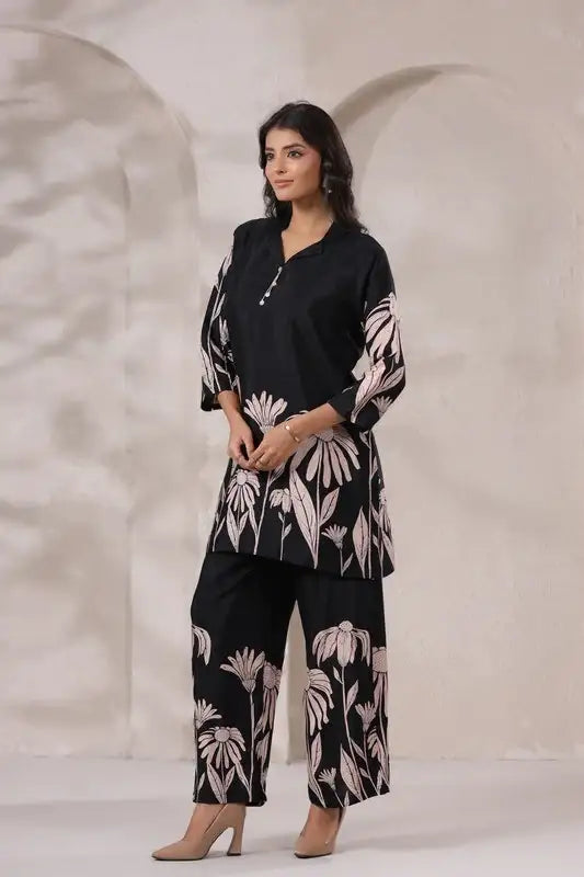Black Daisy Floral Printed Russian Silk Co-ord Set