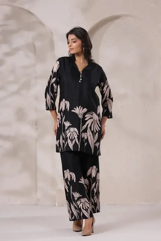 Black Daisy Floral Printed Russian Silk Co-Ord Set