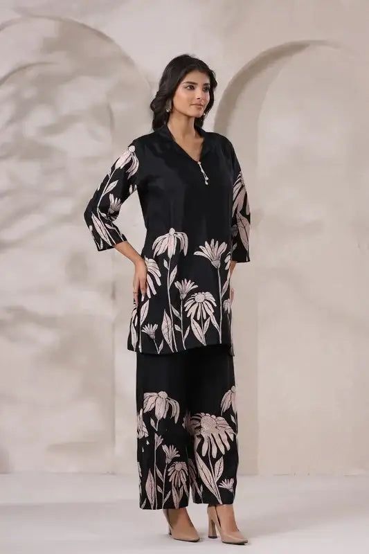 Black Daisy Floral Printed Russian Silk Co-Ord Set