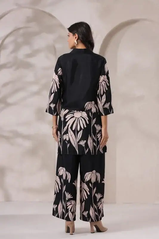 Black Daisy Floral Printed Russian Silk Co-ord Set