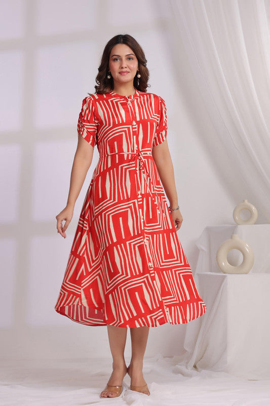 Contemporary Red Graphic Pattern Russian Silk Shirt Dress