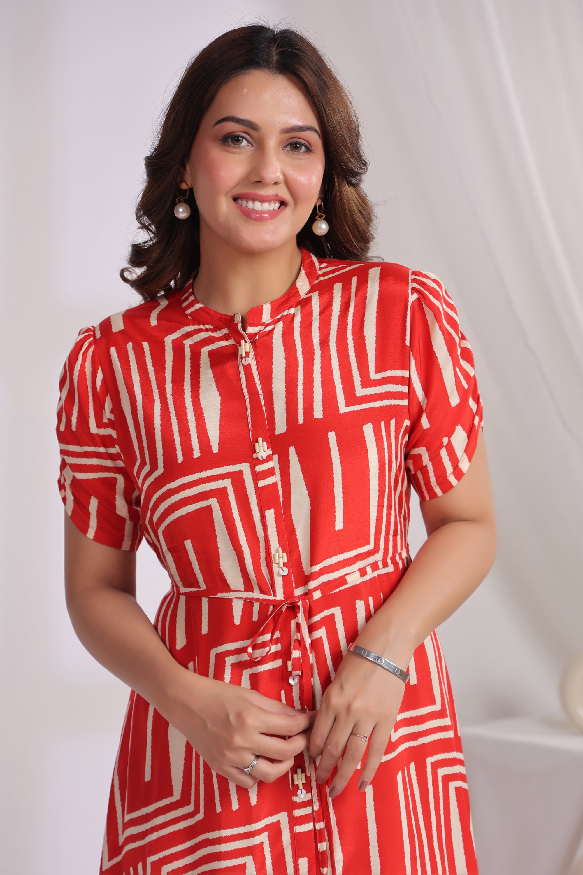 Contemporary Red Graphic Pattern Russian Silk Shirt Dress