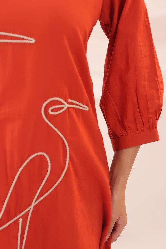 Rust Red Crane Embroidered Cotton Co-ord Set