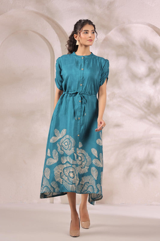 Teal Green Handcrafted Floral Printed Russian Silk Midi Dress