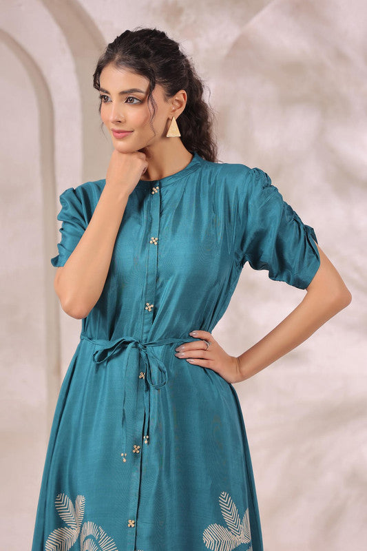 Teal Green Handcrafted Floral Printed Russian Silk Midi Dress