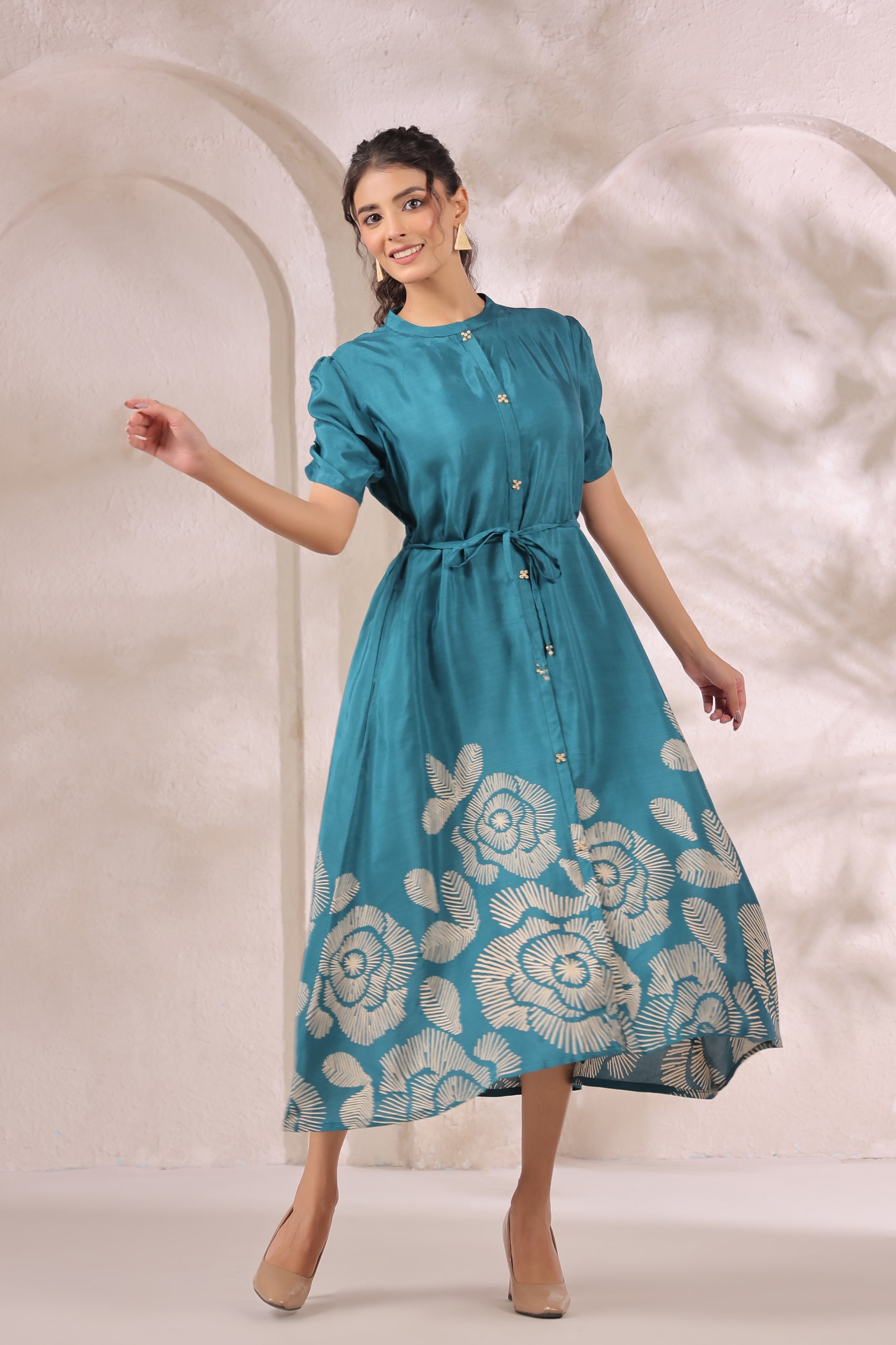 Teal Green Handcrafted Floral Russian Silk Midi Dress