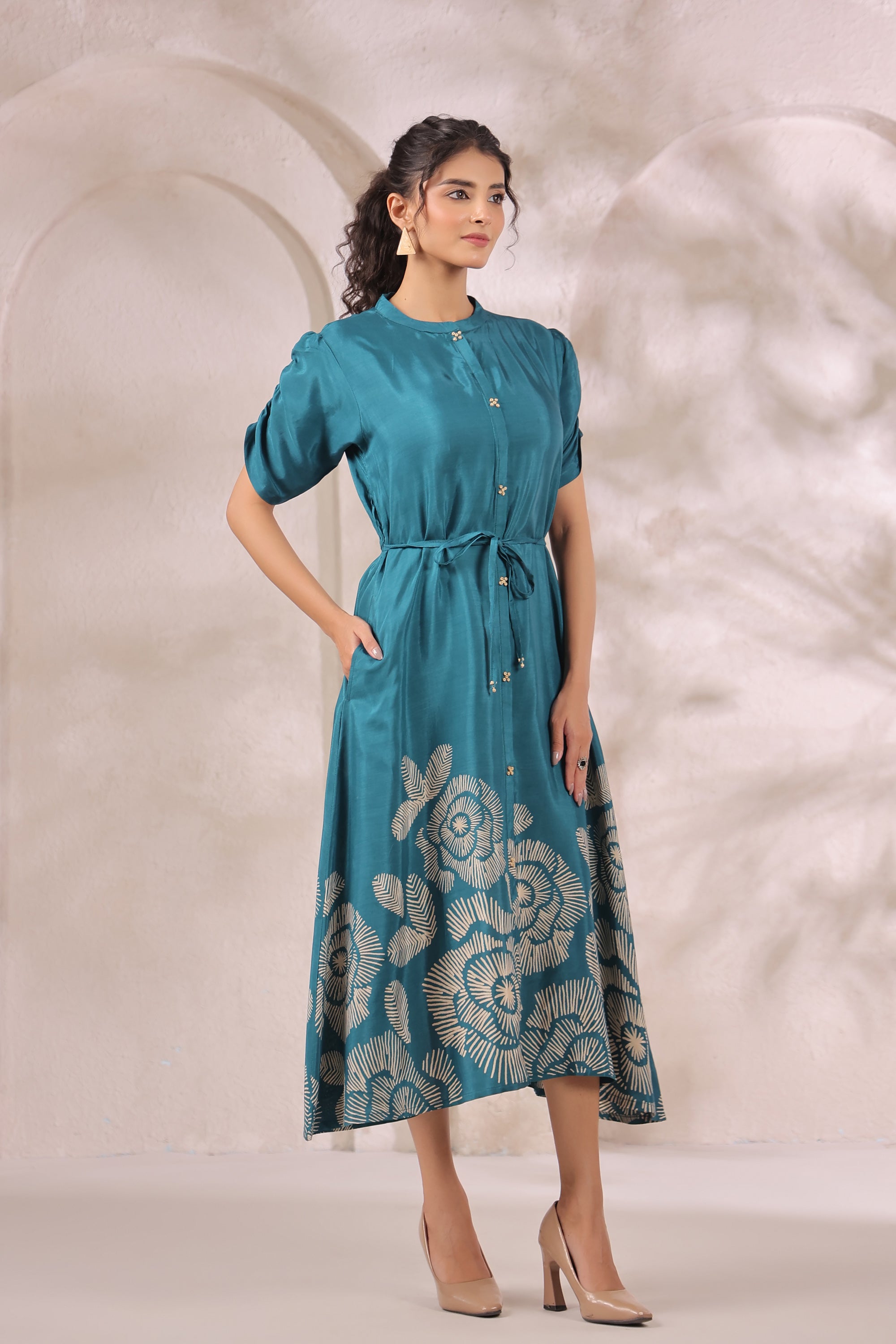 Teal Green Handcrafted Floral Russian Silk Midi Dress