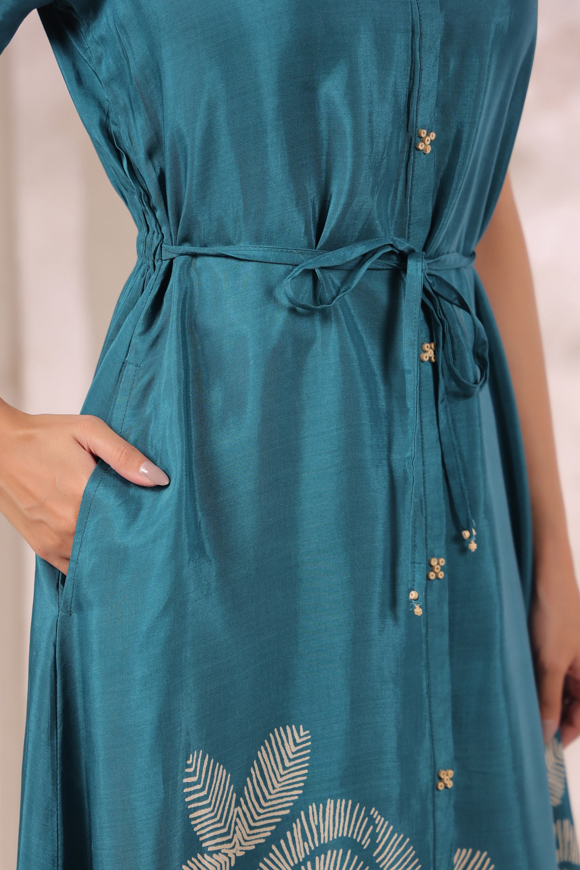 Teal Green Handcrafted Floral Russian Silk Midi Dress