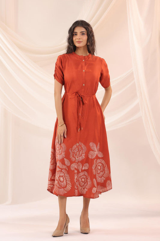 Orange Abstract Floral Russian Silk Midi Dress