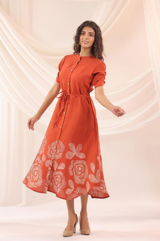 Orange Abstract Floral Russian Silk Midi Dress