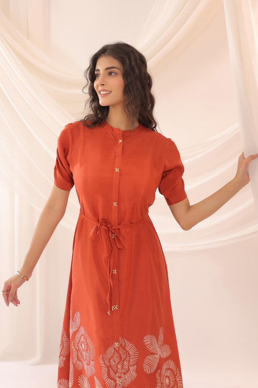 Orange Abstract Floral Russian Silk Midi Dress