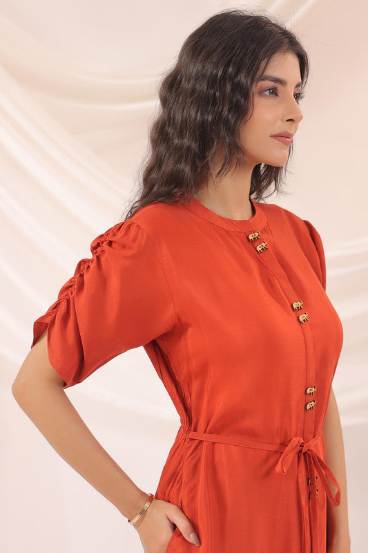 Rust Orange Artistic Printed Shirt Dress in Russian Silk