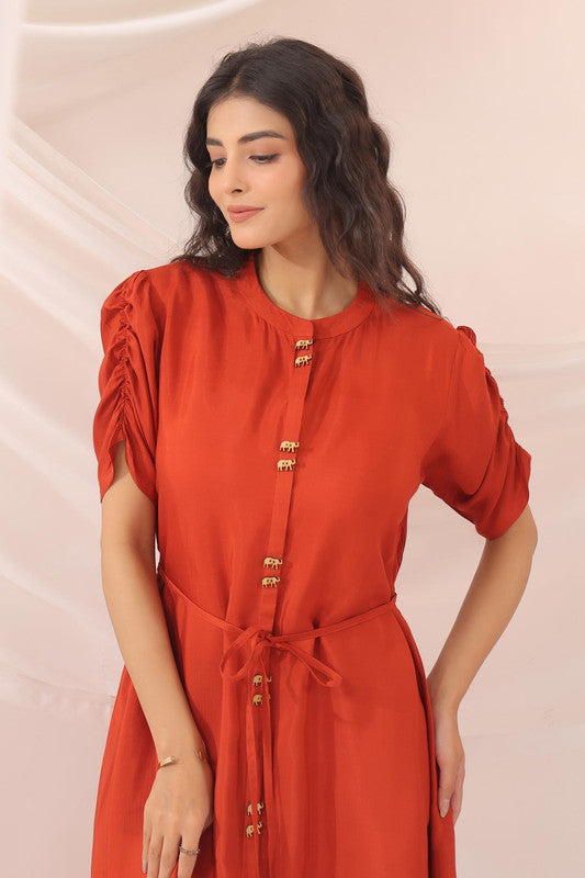 Rust Orange Artistic Printed Shirt Dress in Russian Silk