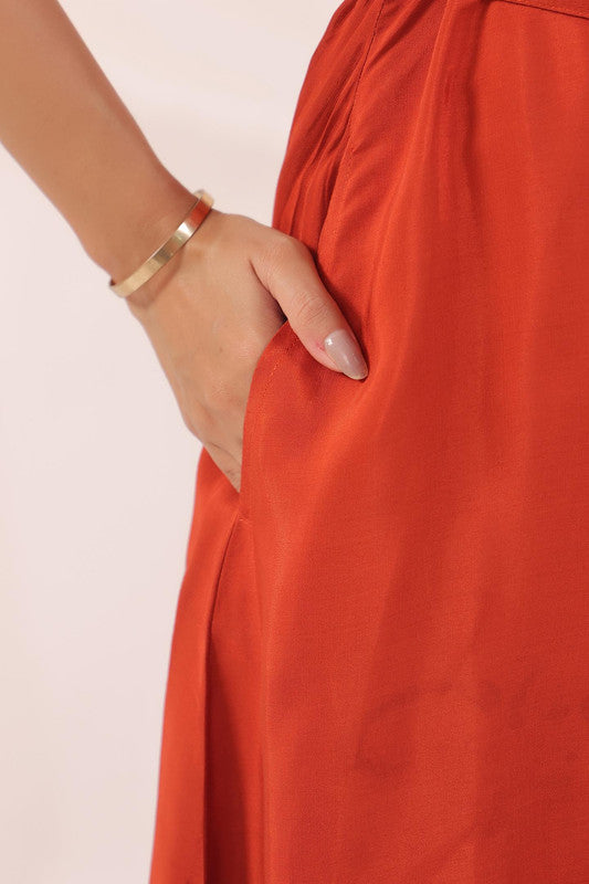 Rust Orange Artistic Printed Shirt Dress in Russian Silk