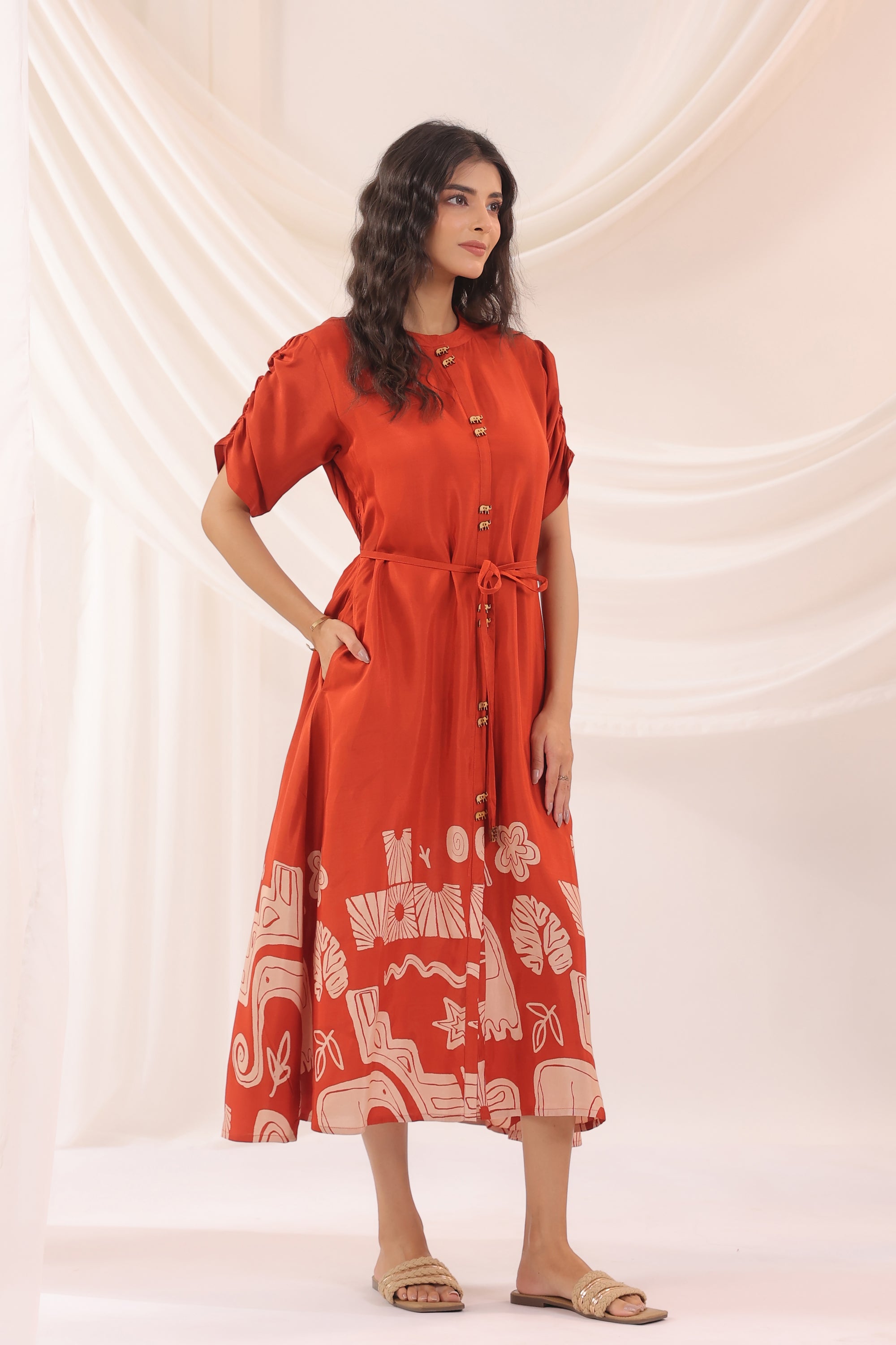 Rust Orange Artistic Printed Shirt Dress in Russian Silk