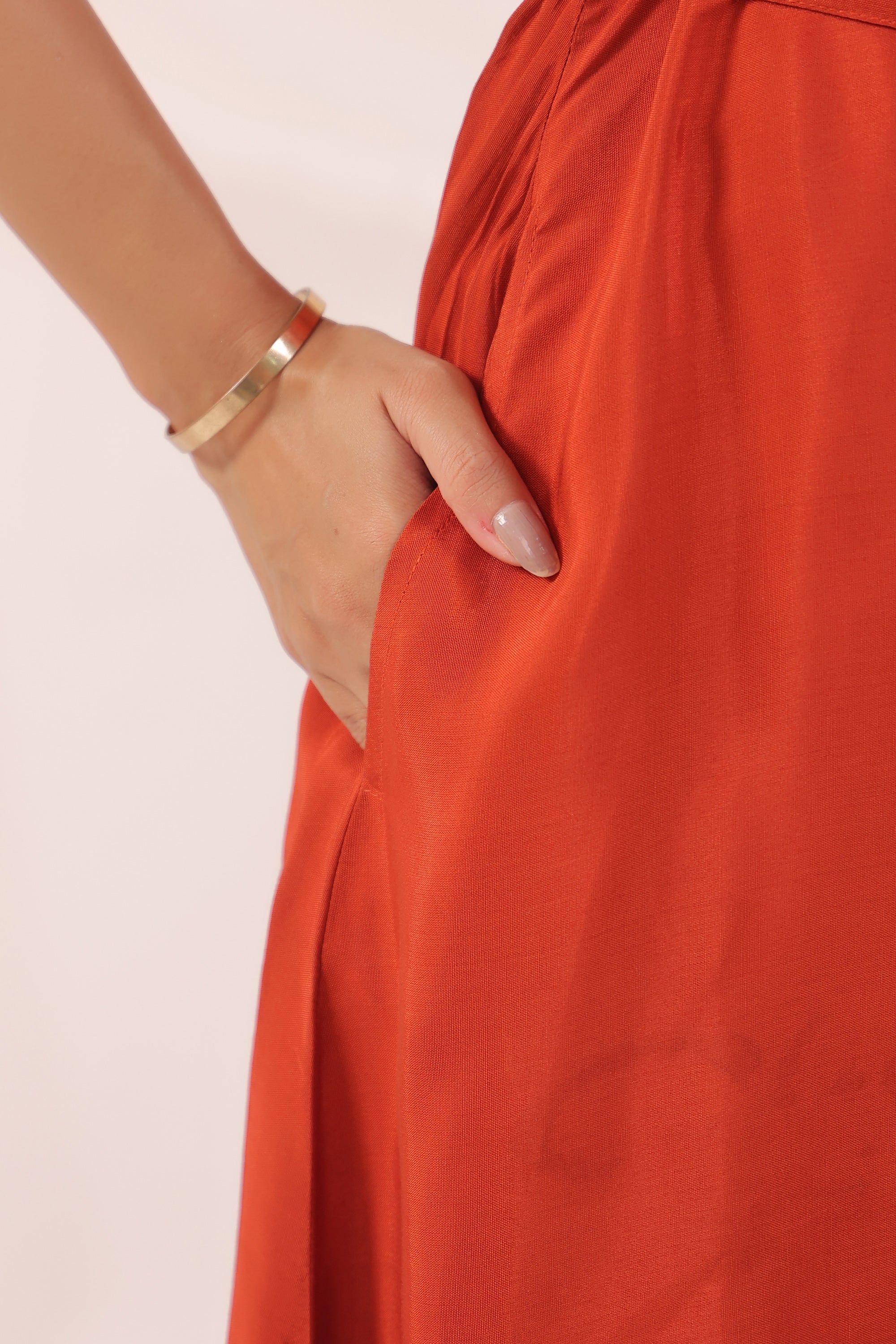 Rust Orange Artistic Printed Shirt Dress in Russian Silk