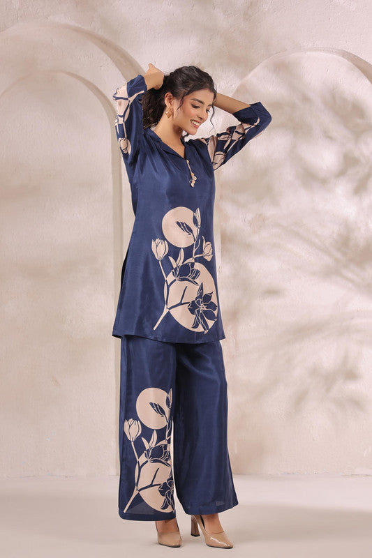 Midnight Bloom Floral Blue Printed Russian Silk Co-ord Set