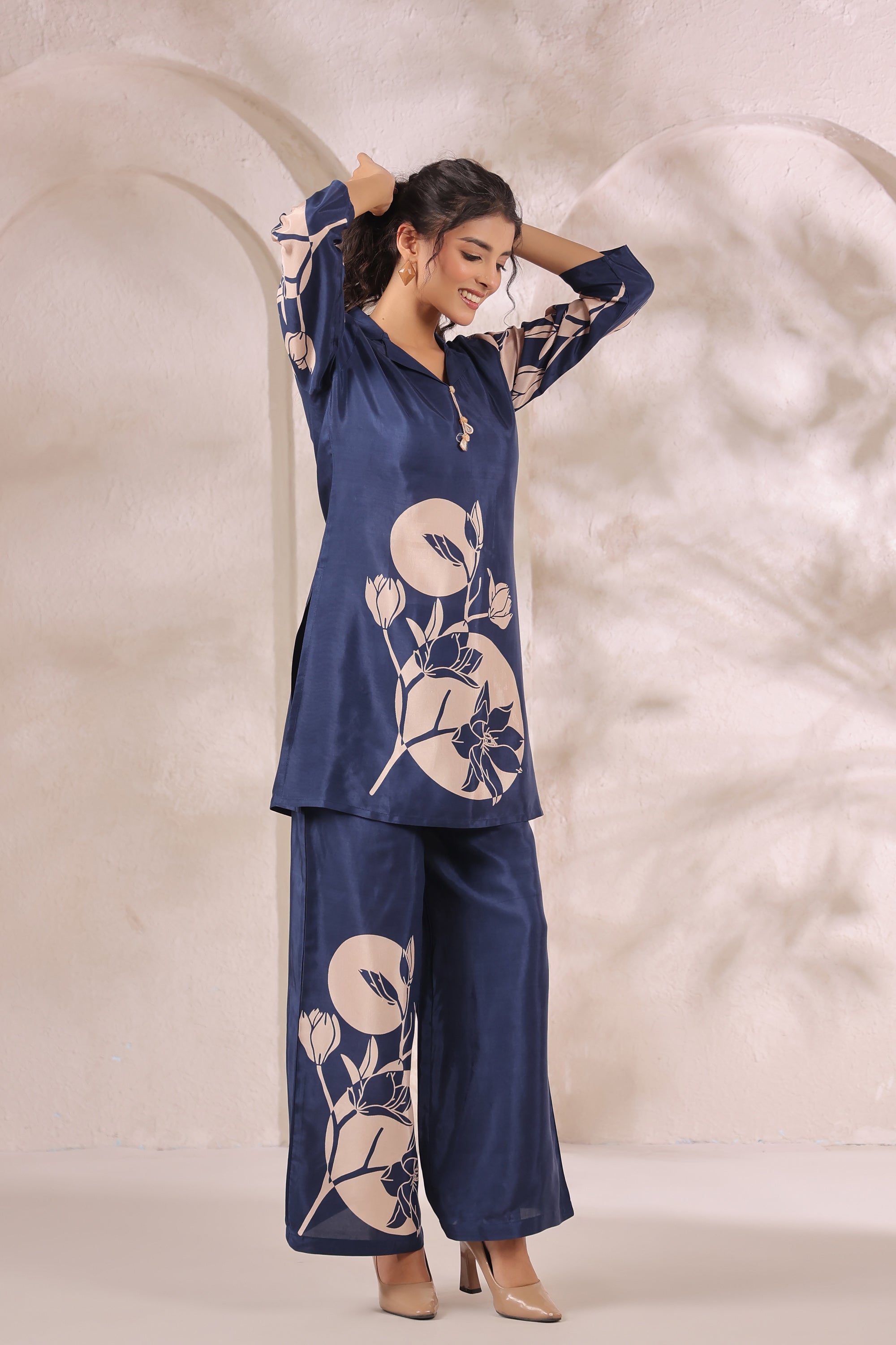Midnight Bloom Floral Blue Printed Russian Silk Co-ord Set
