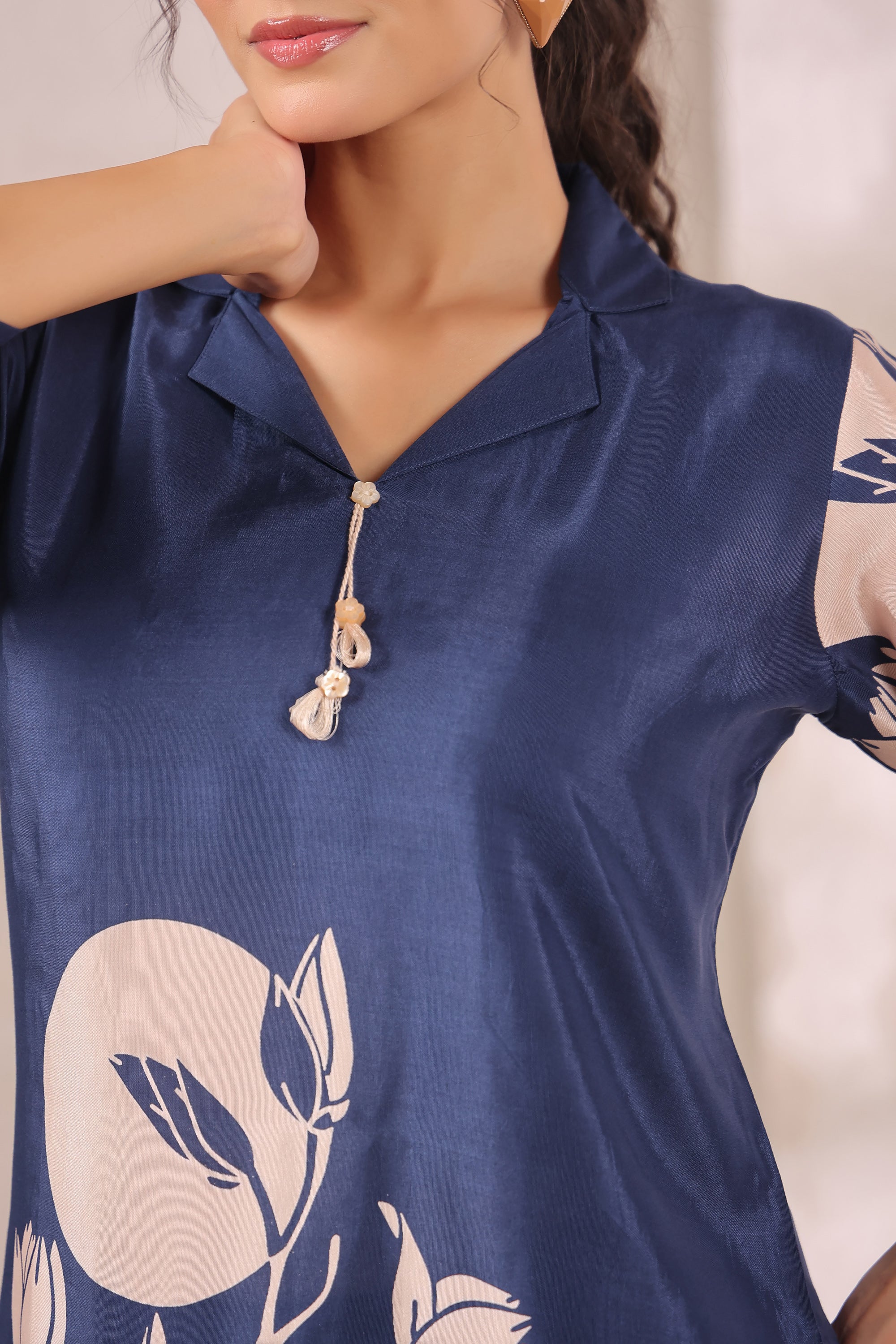 Midnight Bloom Floral Blue Printed Russian Silk Co-ord Set