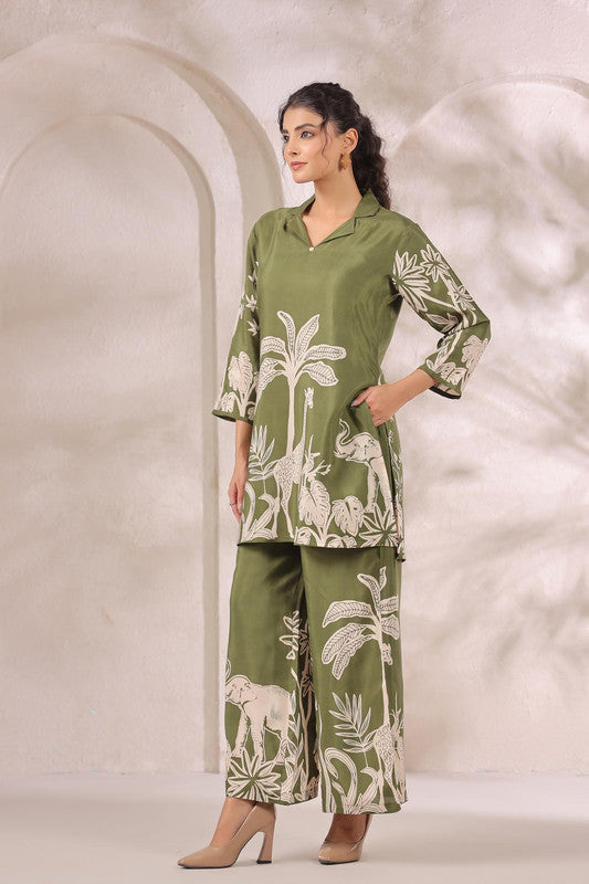 Tropical Jungle Olive Printed Russian Silk Co-ord Set