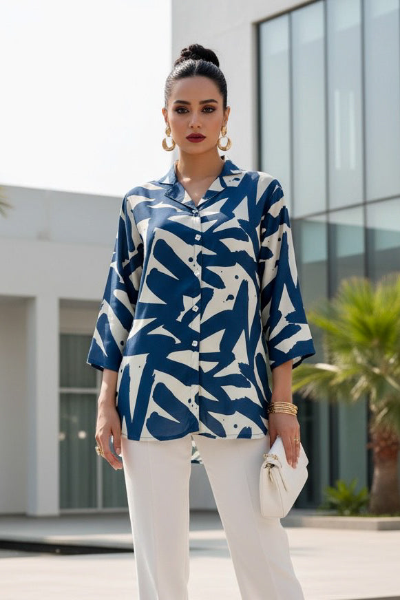 Indigo Brushstroke Russian Silk Top