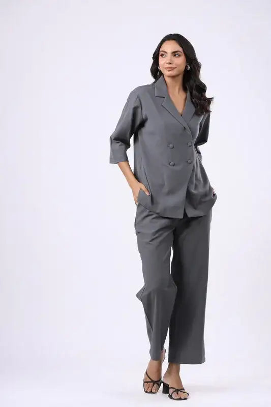 Urban Steel Grey Cotton Flex Blazer Co-ord Set