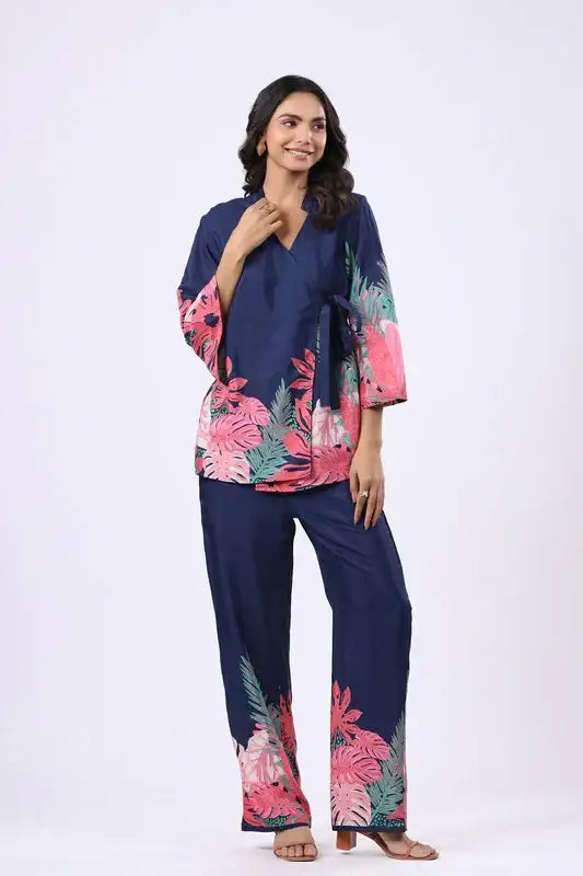 Navy Tropics Russian Silk Co-ord Set