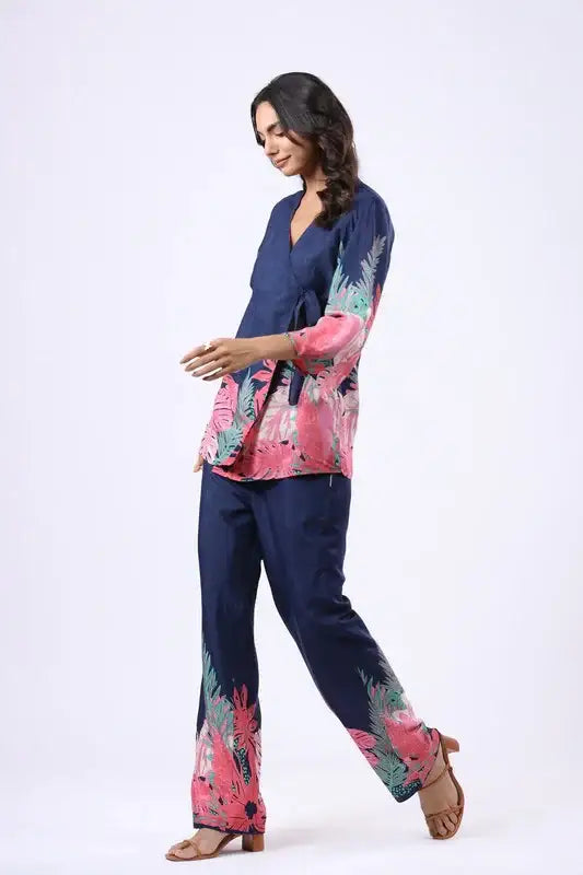 Navy Tropics Russian Silk Co-ord Set