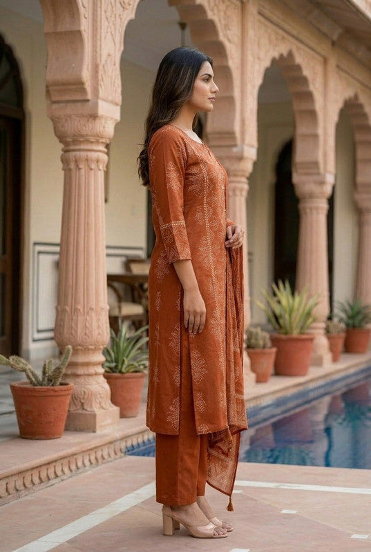 Rust Ethnic Printed Cotton Straight Kurta Pant Set with Dupatta