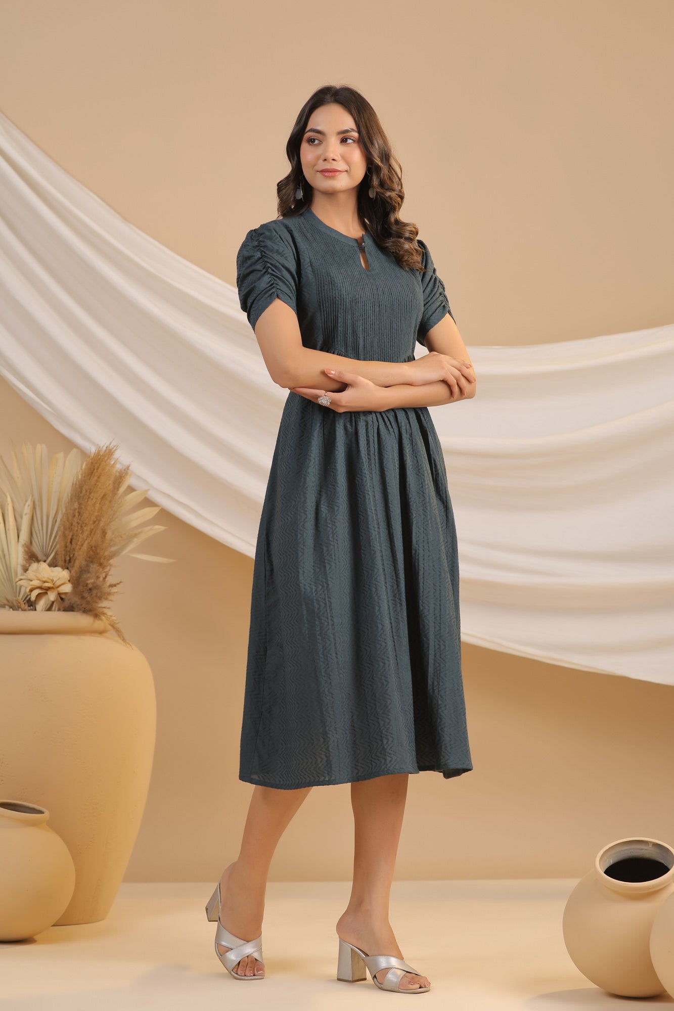 Greige Cotton Flex Pintuck Cotton Flex Dress