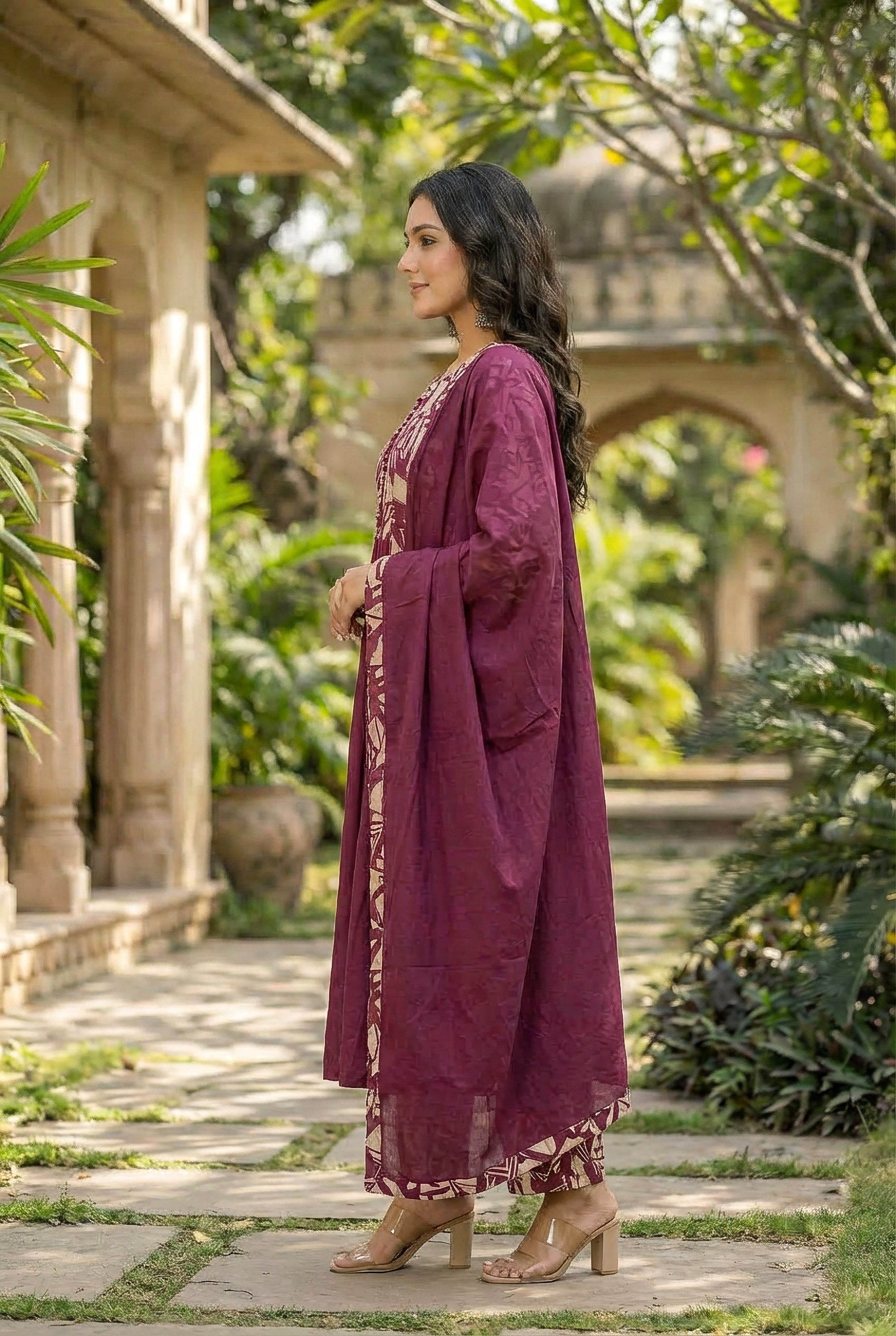 Maroon Printed Cotton Kurta Set with Dupatta