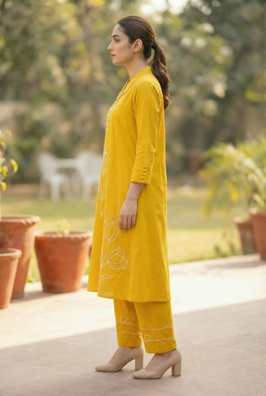 Mustard Embroidered Tulip Floral Threadwork Two-Piece Cotton Co-ord Set