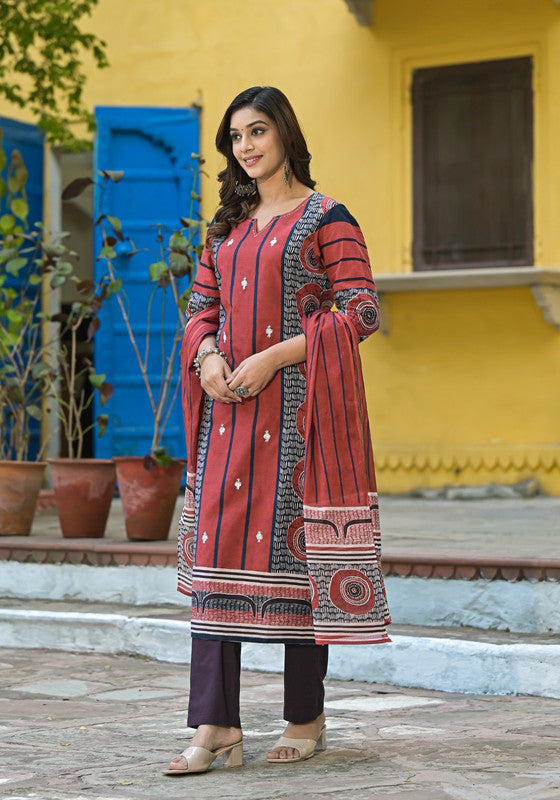 Classic Rust Red Ethnic Motif Printed Kurta Set with Dupatta