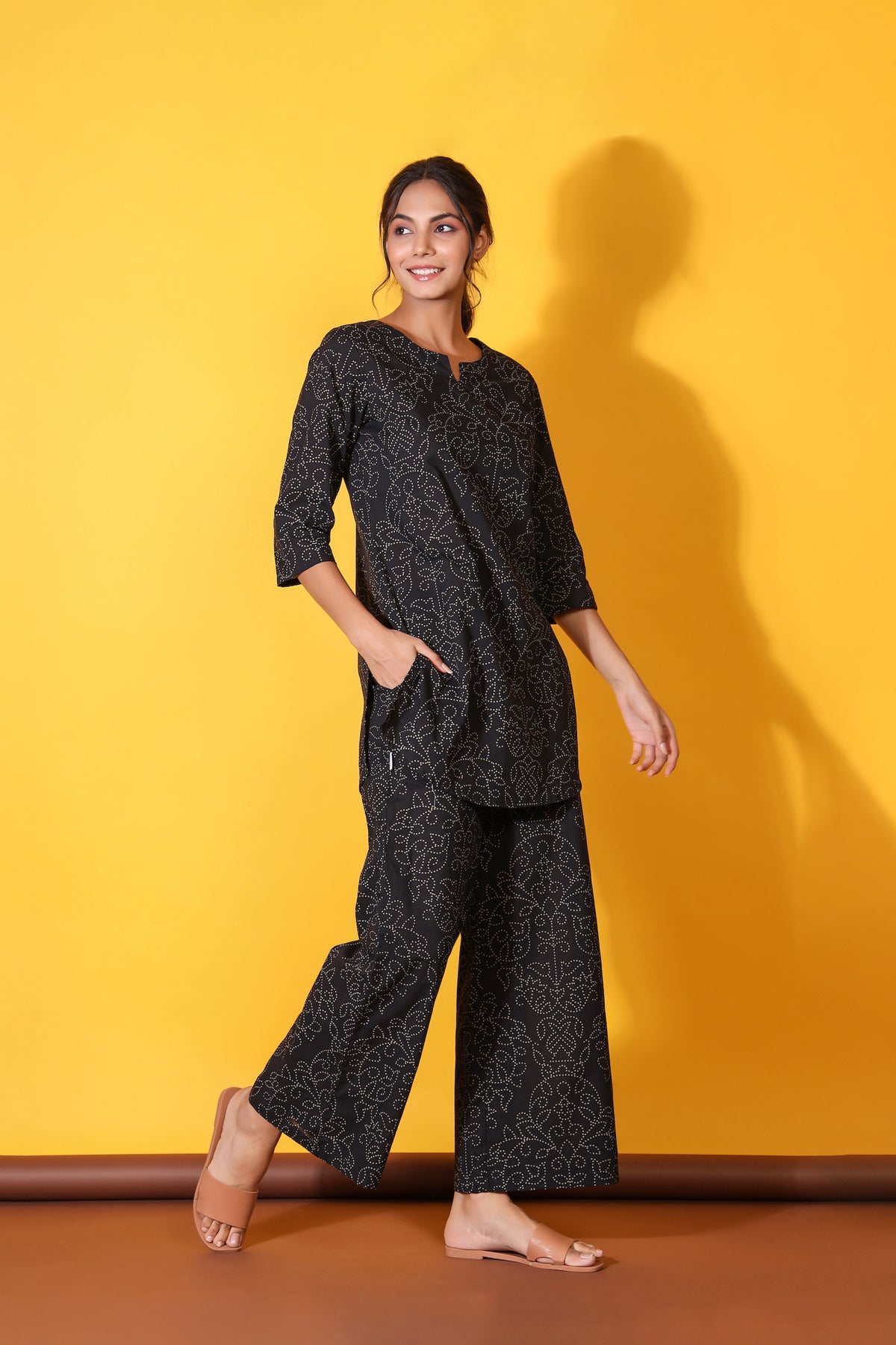 Floral Bandhani Motifs on Black Cotton Loungewear Top Set