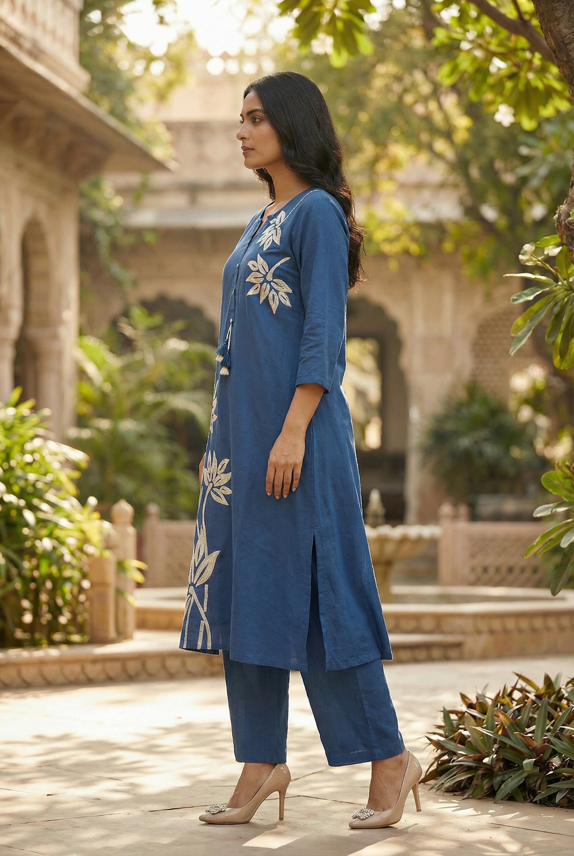 Blue Botanical Nature Leaf Embroidered Cotton Kurta Pant Set with Dupatta