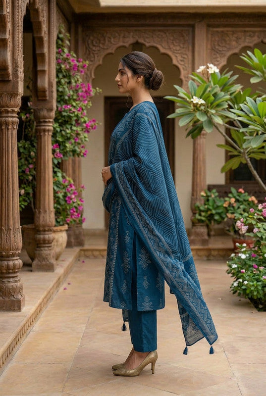 Jaipur Blue Handcrafted Printed Cotton Kurta Set with Tassel Dupatta